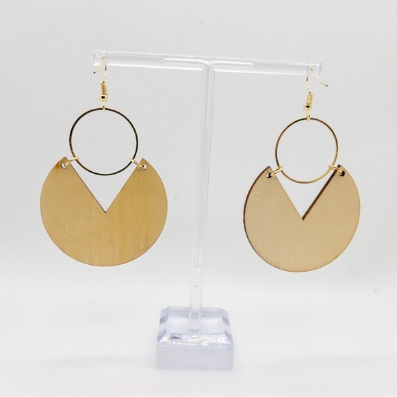 Blue White Gold Organic Geometric Coastal Printed Statement Wooden Earrings Boho - Picture 7 of 10